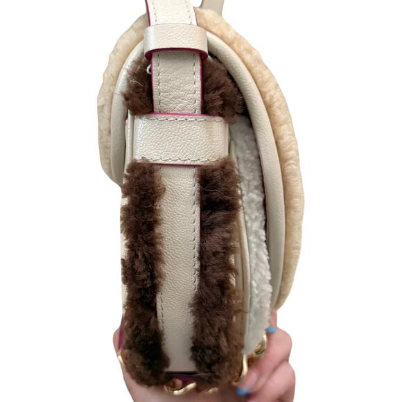 See By Chloe Mara Shearling Sherpa Leather Brown Cement Beige Small Saddle Bag - Picture 10 of 16
